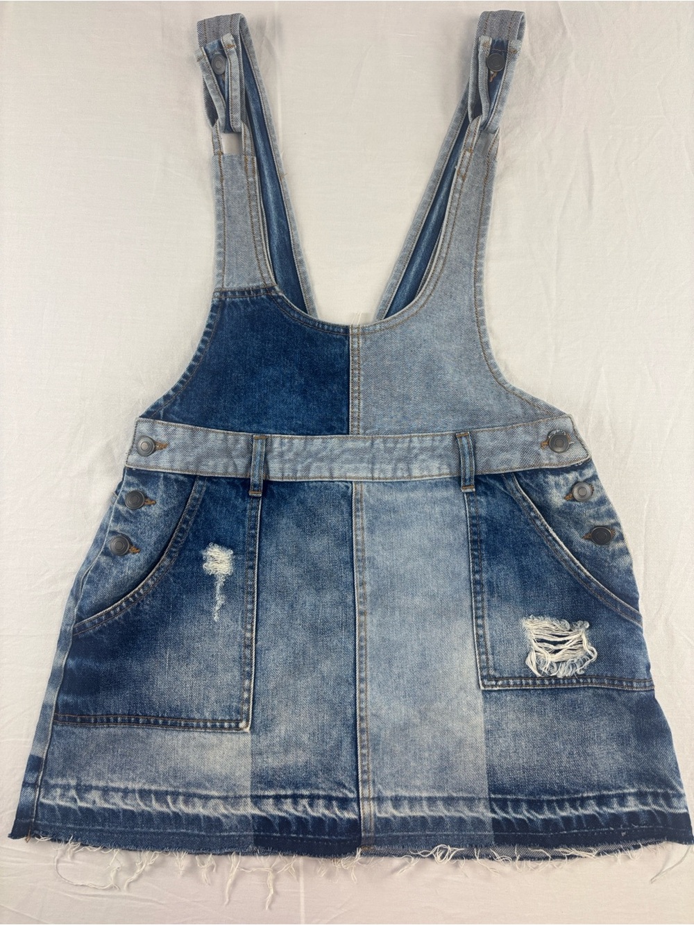 Free People Patchwork Blues Blue Denim Pinafore Dress FLAWED